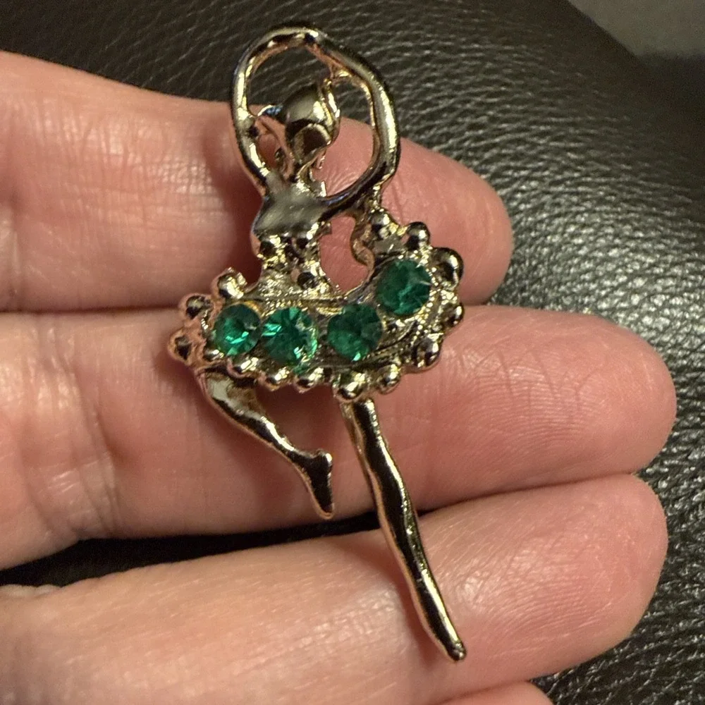 Vintage Gold Tone And Green Rhinestones Ballerina Brooch